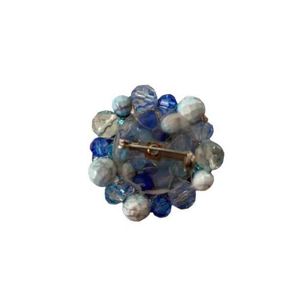 Mixed Blue Tones Beaded Cluster Brooch Statement 2.5" Diameter Pin - Picture 5 of 12